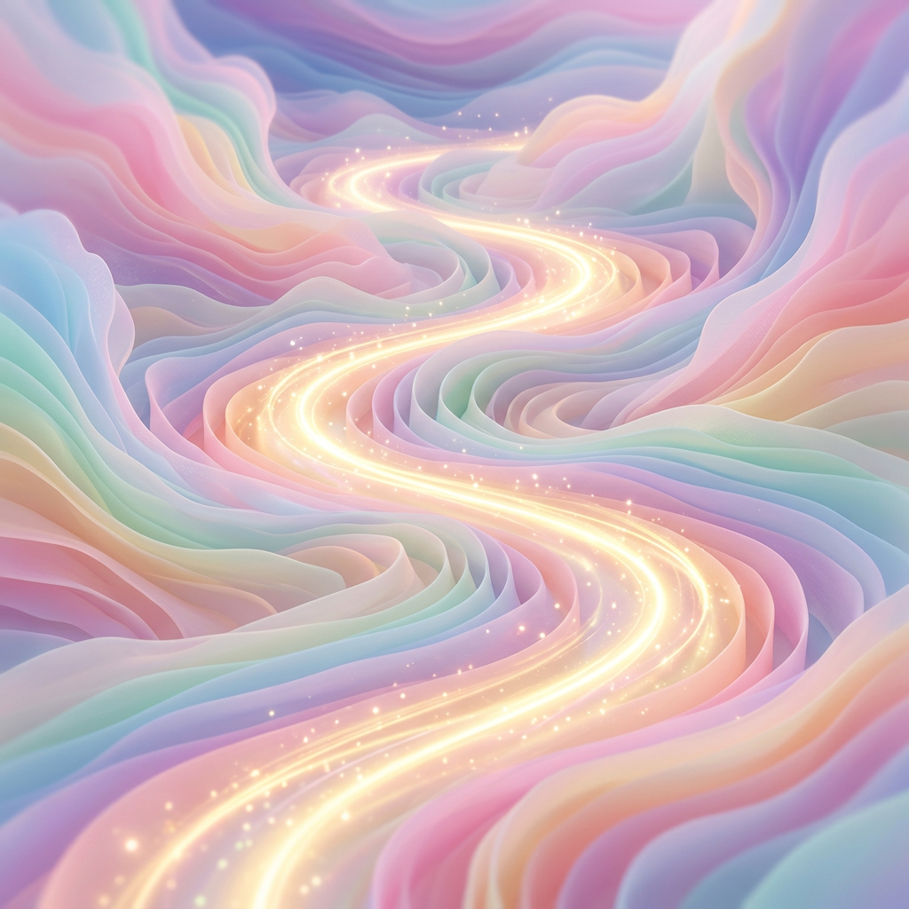 A glowing golden path winding through soft pastel pink, purple, blue, and green waves
