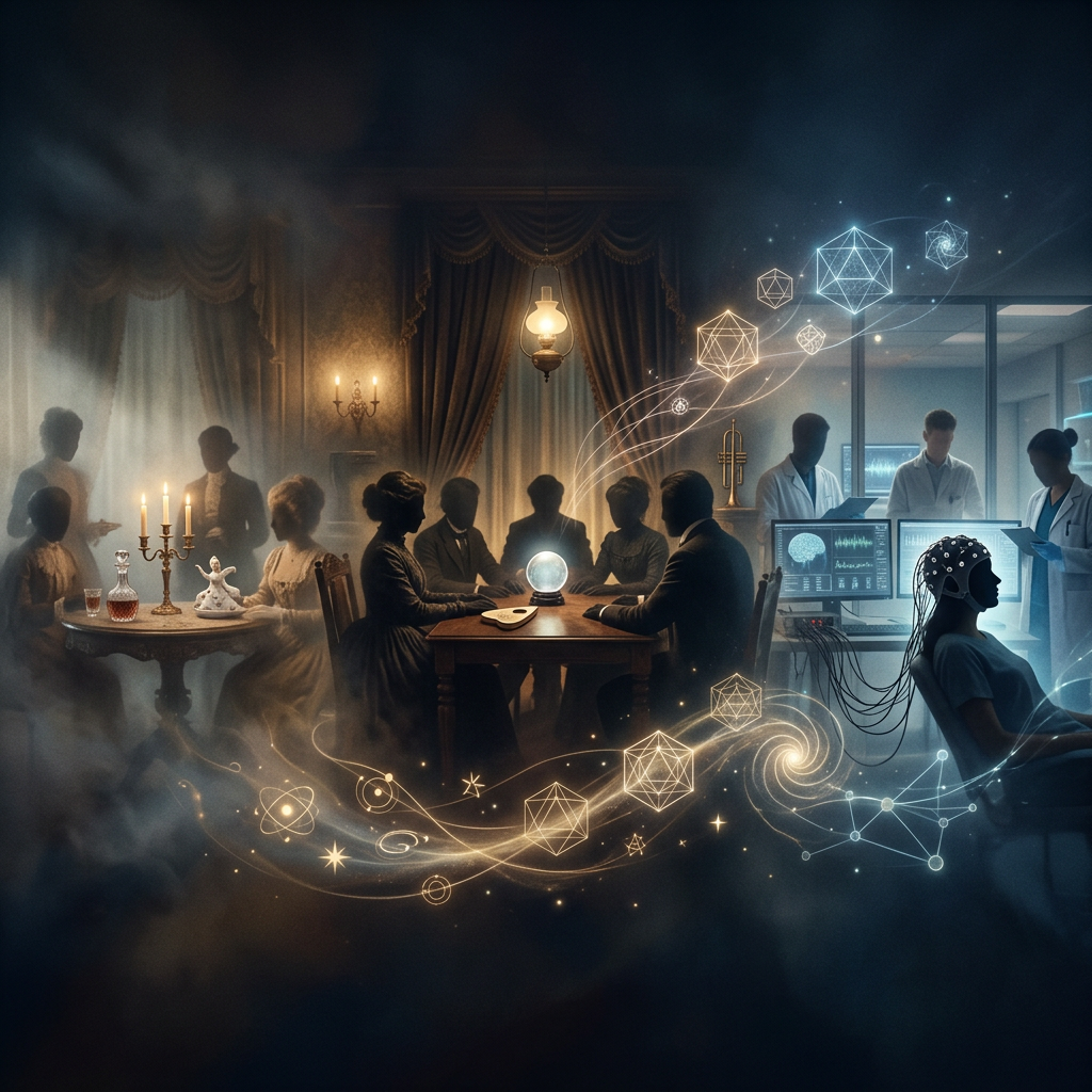 Surreal scene linking a candlelit séance with scientists studying a brain