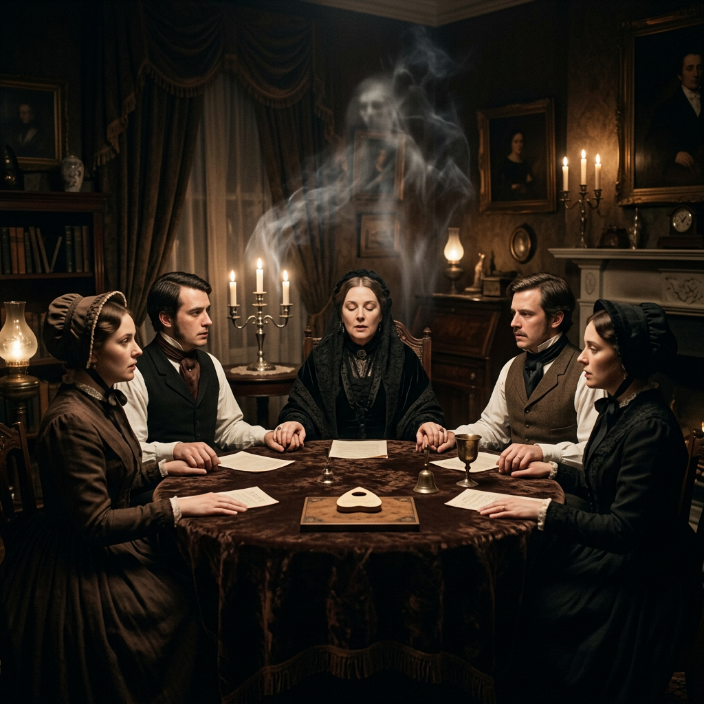 Six people hold hands during a Victorian séance as a ghostly figure appears.