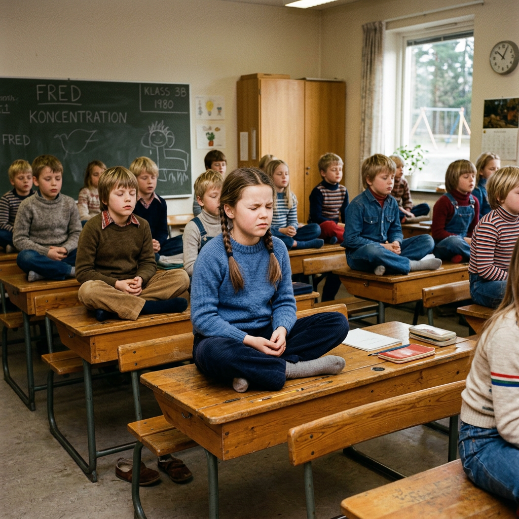 Children meditating at desks; chalkboard reads “FRED,” “KONCENTRATION,” and “KLASS 3B 1980.”
