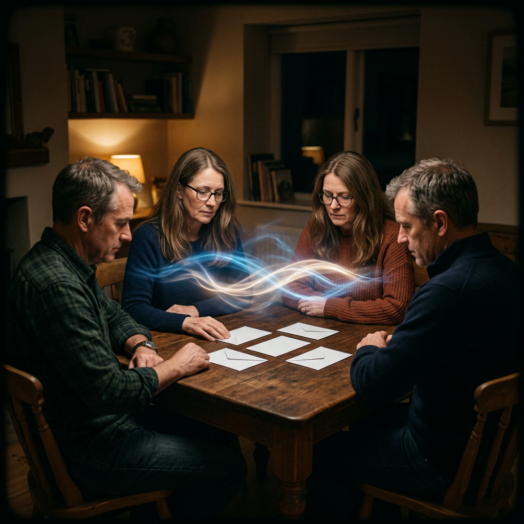 Four adults examining letters around a wooden table with glowing ribbons between them